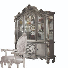 Hutch & Buffet Arched Hutch: Touch Light & 2 Glass Doors (2 Glass Shelves & Back Mirror Inside) Buffet 3 Drw & 2 Wooden Doors Oversized Scrolled Trim, Leaf Crown Motif, and Post-Leg (Poly Resin with Antique Contrast Finish) Drawer: GLIDE Side Metal (Ball 