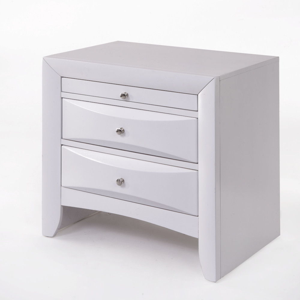 The Ireland nightstand in espresso finish keep essentials close by with 2 storage drawers and 1 pull-out tray. Pull out tray offers you additional surface area. Drawer fronts are beveled and all drawers have English dovetail with center metal glides, its 