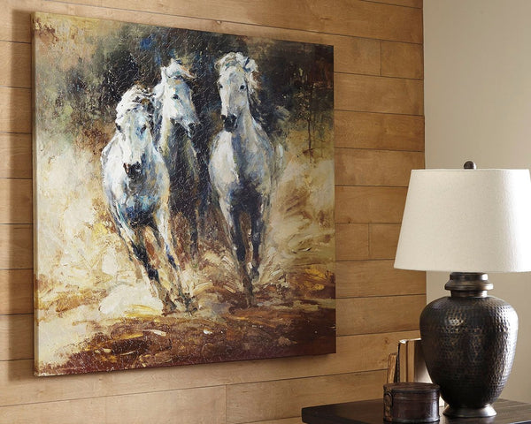 An exquisite giclee reproduction, this wrapped canvas wall art is a mane attraction for lovers of rustically refined style. Splashes of color vividly capture the wake of wild horses in their element.<br/><br/><b>Product Features</b><ul><li>Giclee reproduc