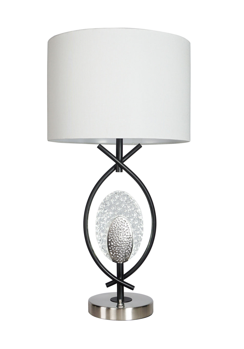 Elevate your decor with a striking combination of modern artistry and functional elegance. This exquisite table lamp showcases a unique intertwining metal frame that exudes sophistication and visual intrigue. At its heart, a sparkling crystal accent and t