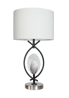 Elevate your decor with a striking combination of modern artistry and functional elegance. This exquisite table lamp showcases a unique intertwining metal frame that exudes sophistication and visual intrigue. At its heart, a sparkling crystal accent and t