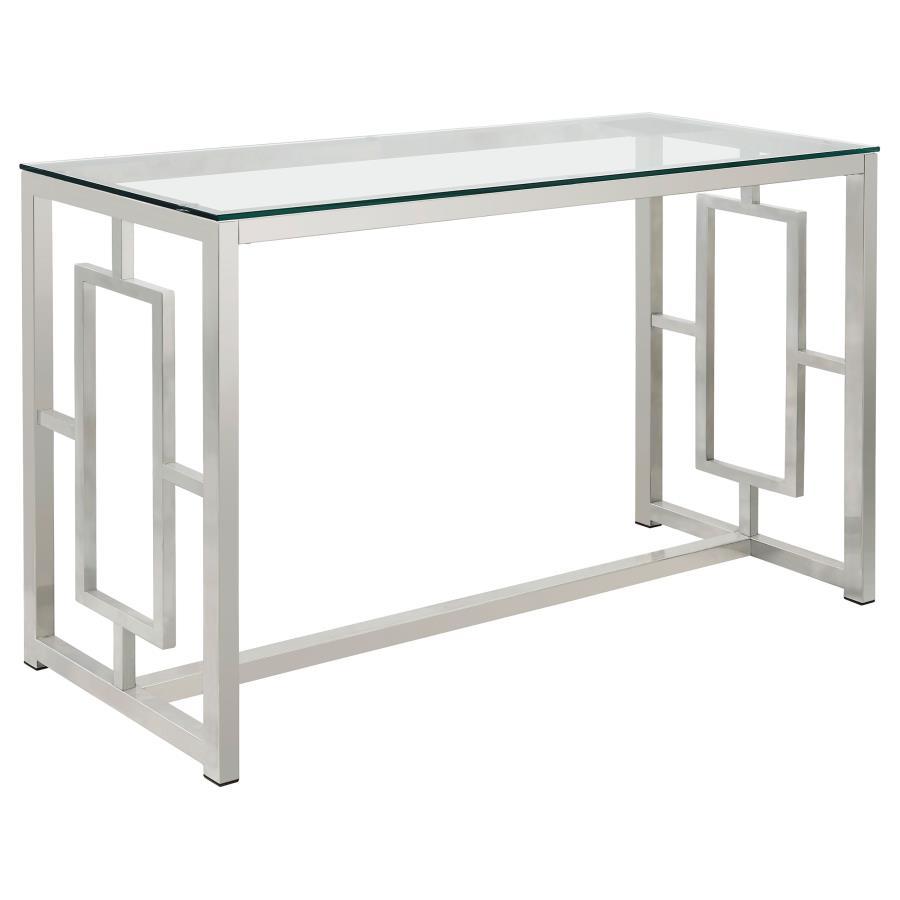 This rectangular console table combines modern design with functional versatility, making it an ideal piece for your living room or hallway. The tempered glass top ensures durability, while the electroplated chrome frame provides a sleek, polished finish.