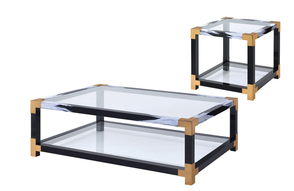 KD, Rectangular Leg Coffee Table â€¢ Storage: Open Compartment (Bottom Glass Shelf) â€¢ Glass Top & Shelf: 5mm Clear Tempered Glass, NOT Beveled (Fixed Top/No Apron) â€¢ Metal Square Leg, Top Trim & Crossbar Support Frame: Hand Brushed White & Copper â€¢ 