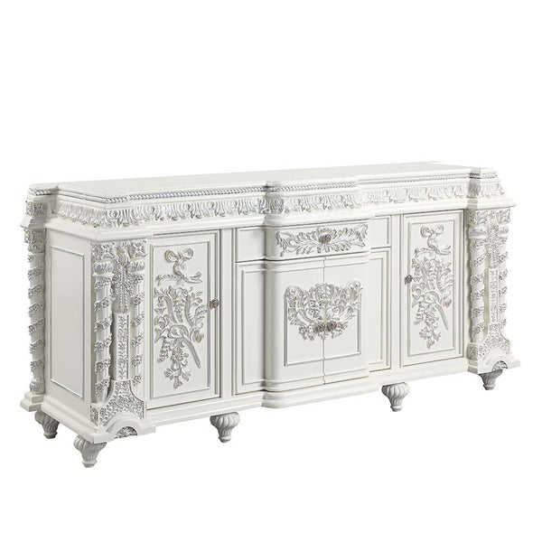 Sophisticated luxury radiates beautifully in the Vanaheim Dining Room Collection. Fabulous floral design with gorgeous details in each piece makes the collection classical and timeless. Antique white finish gives the surface an alluring feel and elegant t