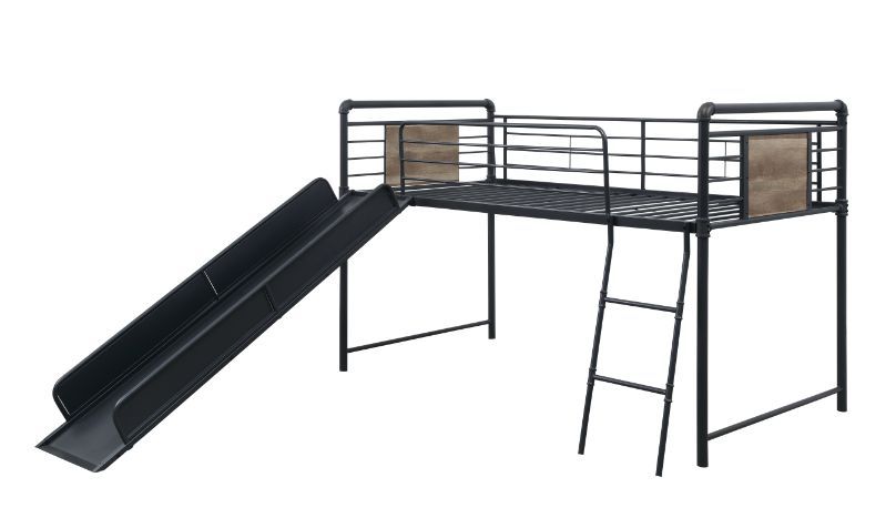 Designed for lower ceiling bedrooms, this Cordelia loft bed with slide is the fun and ideal solution for your guest room or teens bedroom. In a highly sought-after industrial design perfect for a modern home. Constructed in sturdy metal tubes, this loft b