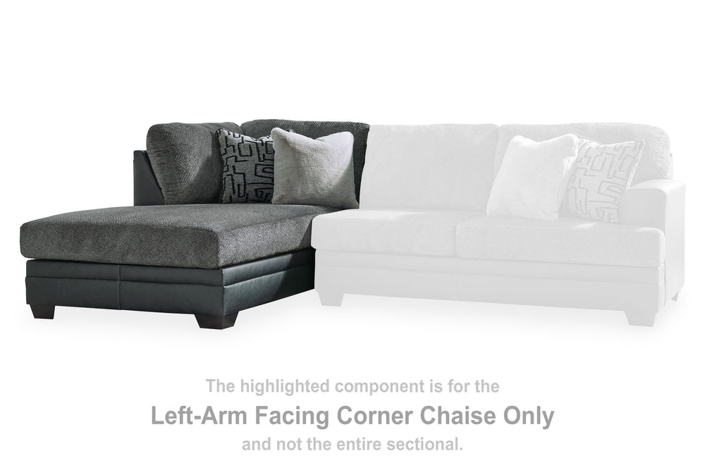 This left-arm facing corner chaise is made with polyester and faux leather upholstery. Pairs with other items in the series to make a sectional.<br><br><b>Additional Dimensions</b><br><ul><li>Seat depth: 57-"</li><li>Seat height: 21-"</li><li>Top of cushi