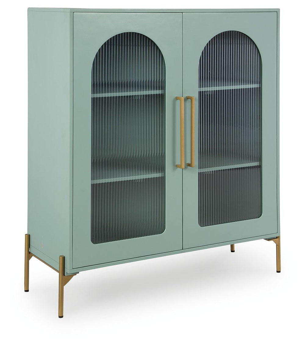Clearly a stunning statement piece for lovers of contemporary design, this sleek accent cabinet wows on many levels. Magnificent arched fluted glass door panels and goldtone metal hardware exude serious modern flair. And how about that fresh green finish?