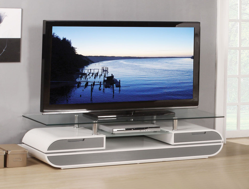 The Lainey TV Stand impresses with stunning, modern looks, it will be an impressive focal point in your living room. Features White and Gray finish, with frosted tempered glass shelf complementing the set. Its open storage shelving offers plenty of space 
