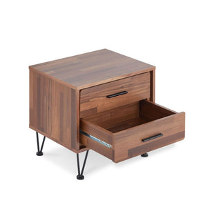  the Deoss night stand is functional as an end table too. The mixture of natural walnut and black metal hardware and leg adds a lot of style to this 2 drawer night stand. It will be the great additional to your bedroom.<br/><