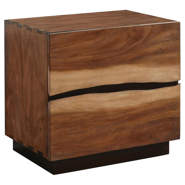 Update your personal space with the intriguing style of this wooden nightstand. Its frame sits atop a sturdy base with an attractive, dark finish. Its body and surface boast a striking smokey walnut and coffee bean finish. One edge of each drawer is craft