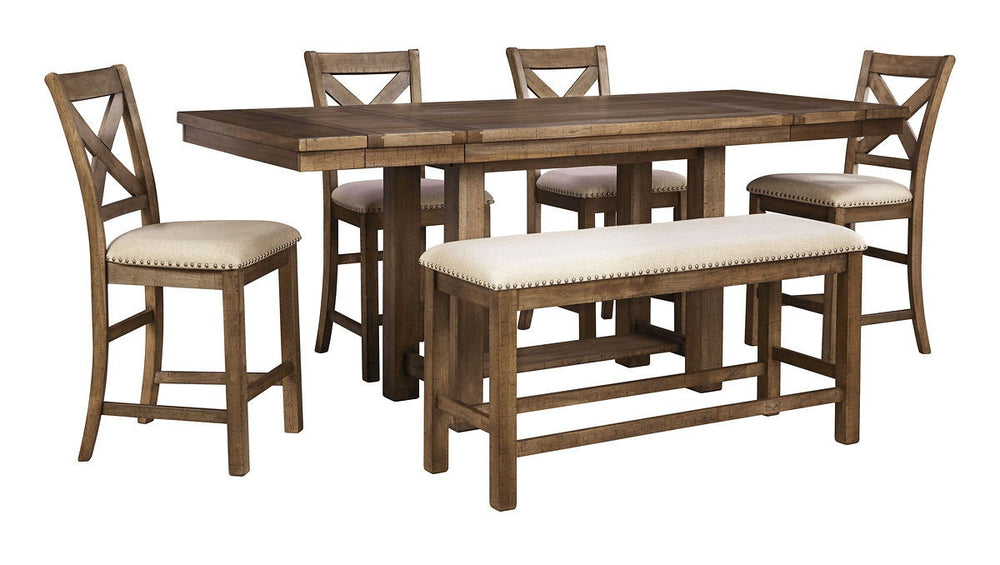 Made with Rubberwood solids and Acacia veneers. Casual rustic design with planked effect on table top. Table extends to fit 8 with two end leaves. Alternate seating available with the cushioned bench. Matching server offers plenty of storage options. Coll