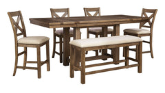 Made with Rubberwood solids and Acacia veneers. Casual rustic design with planked effect on table top. Table extends to fit 8 with two end leaves. Alternate seating available with the cushioned bench. Matching server offers plenty of storage options. Coll