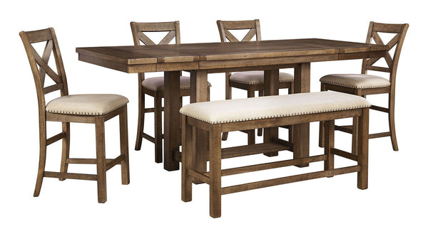 Made with Rubberwood solids and Acacia veneers. Casual rustic design with planked effect on table top. Table extends to fit 8 with two end leaves. Alternate seating available with the cushioned bench. Matching server offers plenty of storage options. Coll