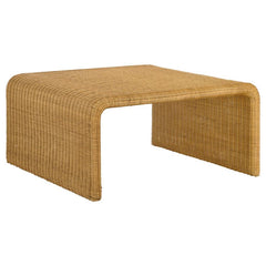 Add a natural, boho touch to your living space with this square coffee table, crafted from woven rattan over a sturdy metal frame. The natural finish enhances its organic texture and mid-century modern appeal. Waterfall edges extend seamlessly to the floo