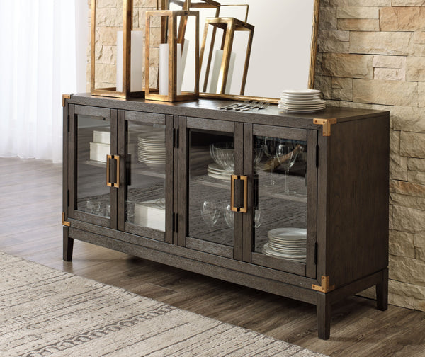  this simply stunning dining server offers a high-design look at a down-to-earth price. Ultra sleek lines are accentuated with a dark waxy brown oak-tone finish thatâ€™s so easy on the eyes. Custom bar pulls on the double-door cabinets e