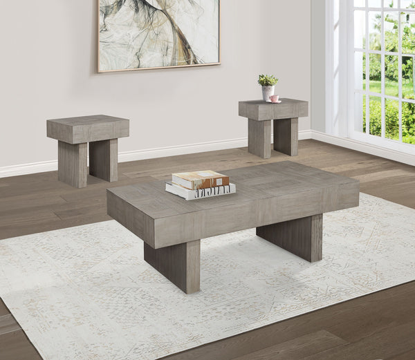 Introduce a bold statement to your living room with this striking cocktail table set, designed to captivate with its unique geometric aesthetic and robust construction. Each piece in the set features a substantial, block-like design, showcasing a richly t