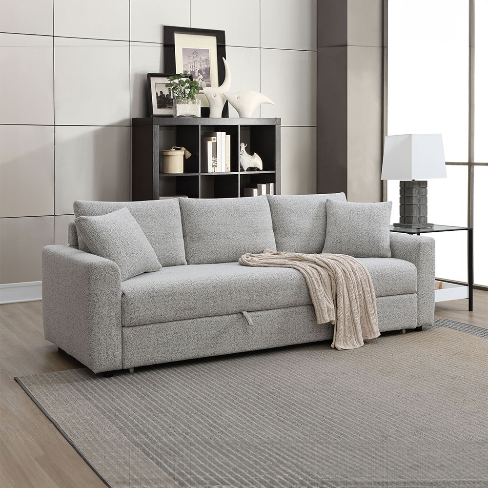 The Haran collection sofa in beige boucle fabric is a blend of elegance and functionality. Featuring a wooden inner frame, it effortlessly transforms into a full-size pull-out sleeper.The removable cushion and back cover, along with included accent pillow