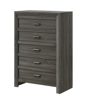 This bedroom collection encapsulates a blend of contemporary design and rustic charm. The centerpiece, a bed with a distinguished chevron patterned headboard, evokes a sense of craftsmanship and texture, infusing the space with character. Flanking the bed