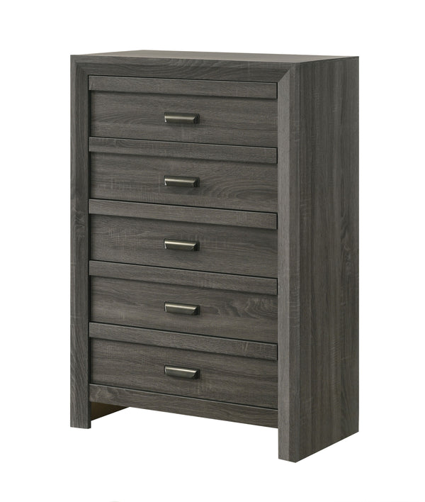 This bedroom collection encapsulates a blend of contemporary design and rustic charm. The centerpiece, a bed with a distinguished chevron patterned headboard, evokes a sense of craftsmanship and texture, infusing the space with character. Flanking the bed