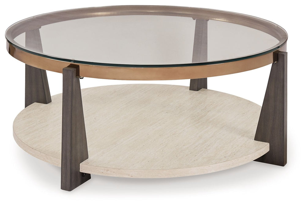 A modern twist on mixed-media design, the Frazwa coffee table is totally brilliant. Solid wood legs and a faux travertine shelf merge splendidly with the metal frame for a fresh, contemporary aesthetic. Casters allow you to roll it wherever you please. Ta