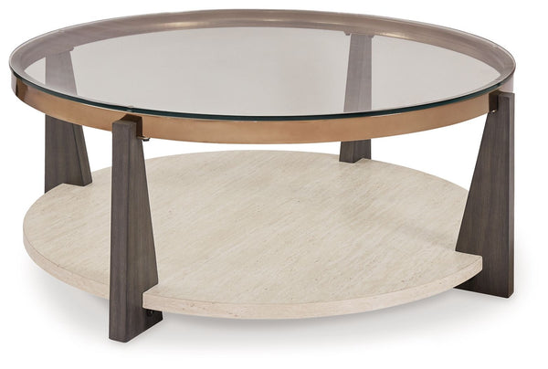 A modern twist on mixed-media design, the Frazwa coffee table is totally brilliant. Solid wood legs and a faux travertine shelf merge splendidly with the metal frame for a fresh, contemporary aesthetic. Casters allow you to roll it wherever you please. Ta