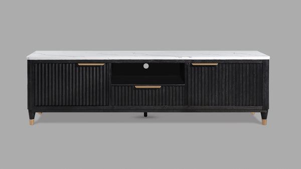  fluted wood facade with a pristine white faux marble top