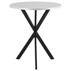 Add an industrial edge to your space with this round bar table, featuring a riveted silver top and bold X-shaped black base. This eye-catching bar table doubles as a statement piece and functional surface for casual dining or entertaining.<br/><br/><b>Pro