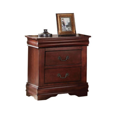 The Louis Philippe nightstand boasts engineered wood and veneer craftsmanship for enduring elegance. Brush nickel metal hardware adorns each of the drawer fronts and it-'s framed by crown molding detail.<br/><br/><b>Product Features</b><ul><li>Casegood Dr
