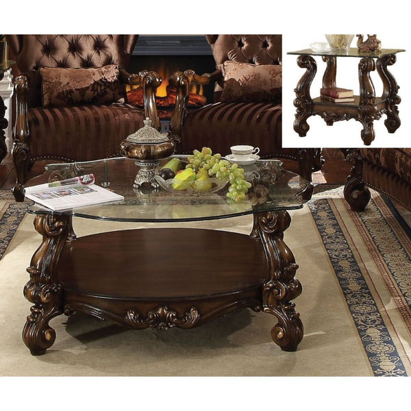  Coffee Table w/Curved Glass Top â€¢ Open Compartment: Bottom Shelf â€¢ 10mm Clear Tempered Glass w/Beveled â€¢ Oversized Scrolled Legs & Shelf Apron: Poly Resin with Antique Contrast Finish<br/><br/><b>Product Features</b><ul><li>Coffee Table w/Curved