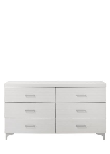 The Casilda bedroom collection will help you create the perfect retreat. In a white finish to easily style and works with various color schemes. Tying each piece together are the metal legs. The bed boasts a PU padded headboard with button tufting in a gr