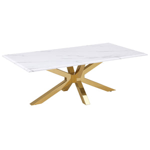 Enhance your living room with this elegant modern coffee table, featuring a rectangular white faux marble top with realistic veining for a sophisticated touch. Its star-shaped base, crafted from durable stainless steel, is coated with a radiant gold finis