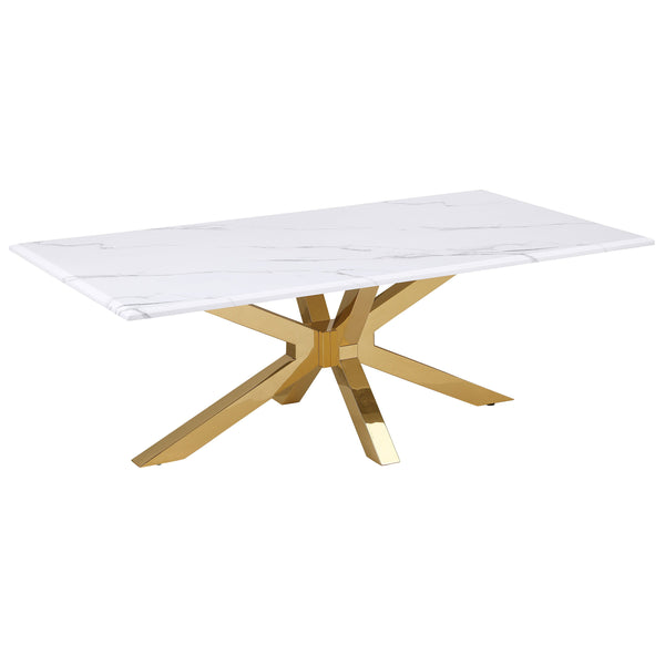 Enhance your living room with this elegant modern coffee table, featuring a rectangular white faux marble top with realistic veining for a sophisticated touch. Its star-shaped base, crafted from durable stainless steel, is coated with a radiant gold finis