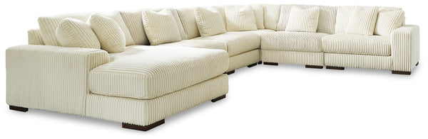 Plush and posh. Showcase your eye for on-trend texture with the statement-making cord upholstery of this sectional. Its stunningly soft fabric entices in an ivory hue, complementing contemporary color palettes. Sink into the cushions and plan to stay a wh