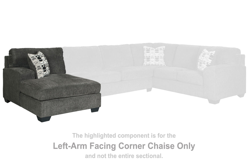 This left-arm facing corner chaise is made with polyester upholstery. Pairs with other items in the series to make a sectional.<br><br><b>Additional Dimensions</b><br><ul><li>Arm height: 25-"</li><li>Leg height: 3.5-"</li><li>Minimum width of doorway for 