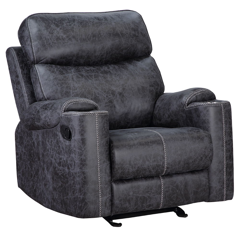 This Hirah motion sofa in dark gray polish microfiber offers both luxury and convenience. Featuring tight back and seat cushions with pocket coil construction and a sturdy wooden inner frame, it ensures maximum comfort. The loveseat includes a console wit
