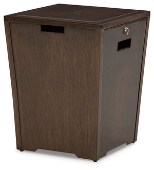 Sporting a hand-painted brown wood-look finish for a sense of earthy elegance, this fire pit table is sure to turn your backyard space into a hot spot for entertaining. The way its flickering flame seems to float on a bed of clear glass beads is truly mes
