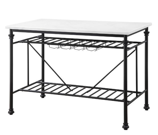 Give off a light and airy feel to a compact cooking space. The Mera Kitchen Island features a artificial stone top paired with a metal slatted shelves, creating a sleek, timeless silhouette that bring your kitchen an open feel. Bottle rack and wine glass 