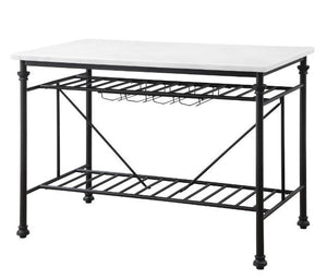 Give off a light and airy feel to a compact cooking space. The Mera Kitchen Island features a artificial stone top paired with a metal slatted shelves, creating a sleek, timeless silhouette that bring your kitchen an open feel. Bottle rack and wine glass 