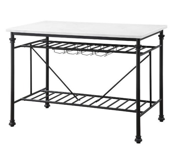 Give off a light and airy feel to a compact cooking space. The Mera Kitchen Island features a artificial stone top paired with a metal slatted shelves, creating a sleek, timeless silhouette that bring your kitchen an open feel. Bottle rack and wine glass 