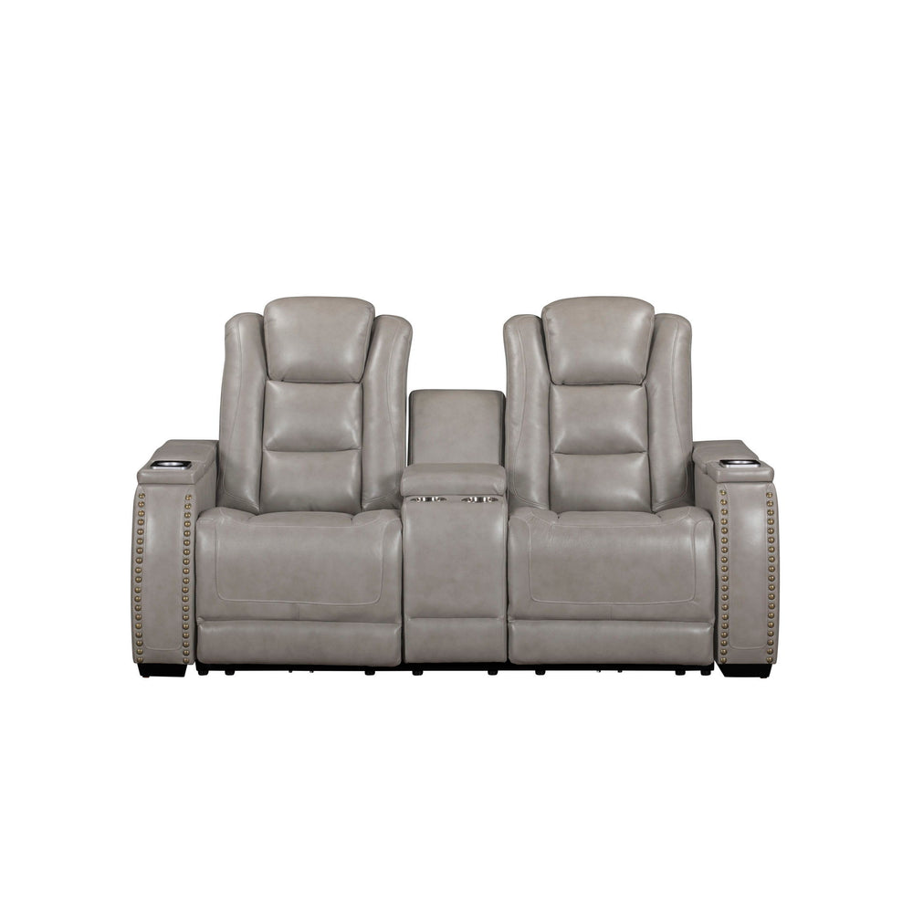 The Breckenridge Genuine Leather Power Reclining Console Loveseat with Adjustable Headrests in Gray is the perfect blend of luxury, durability, and modern convenience. This loveseat is built with a combination of hardwood and manufactured woods, providing