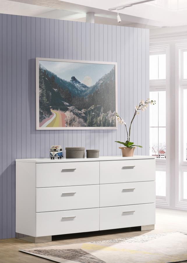 Keep your space organized with the clean lines of this contemporary 6-drawer dresser. A white high gloss finish delivers a polished, modern aesthetic, while chrome-finished metal handles and feet add refined contrast. Each drawer glides smoothly on metal 