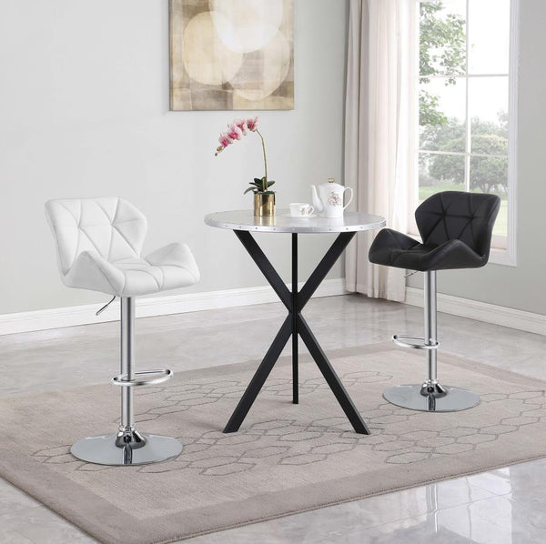  featuring a riveted silver top and bold X-shaped black base. This eye-catching bar table doubles as a statement piece and functional surface for casual dining or entertaining.<br/><br/><b>Pro