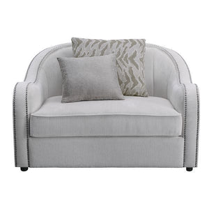  contemporary look with the gently curved Mahler living room set. The inner wooden frame and block plastic legs offer maximum support. Upholstered in a beige textured linen fabric and outlined with nailhead trim. The barrel seat and sloping
