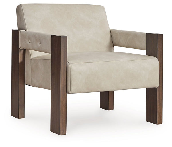 This accent chair is an ultra-contemporary addition to your seating area. Warm espresso-hued wood and neutral faux leather harmonize beautifully for a luxuriously welcoming vibe. Whether you-'re cozying up with coffee or settling in to stream your favorit