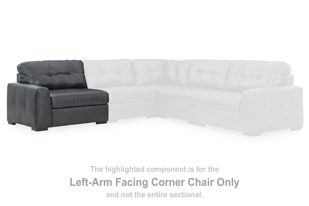 This left-arm facing corner chair is made with a combination of 100% top grain leather and faux leather upholstery. Fully finished on all sides, it pairs with other items in the series to make a modular sectional.<br><br><b>Additional Dimensions</b><br><u