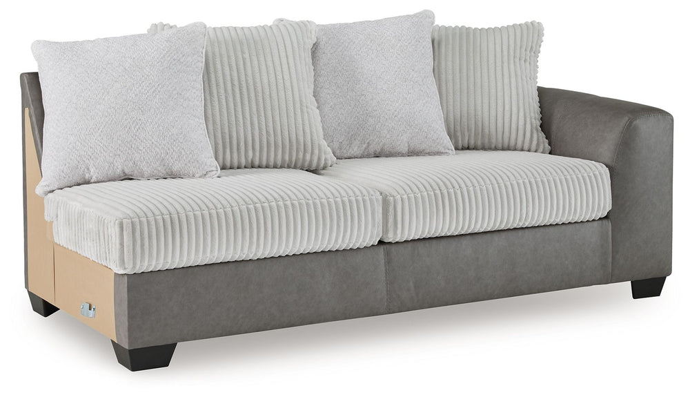 This right-arm facing sofa is made with polyester and faux leather upholstery. Pairs with other items in the series to make a sectional.<br><br><b>Additional Dimensions</b><br><ul><li>Arm height: 27-"</li><li>Seat depth: 20-"</li><li>Seat height: 20-"</li