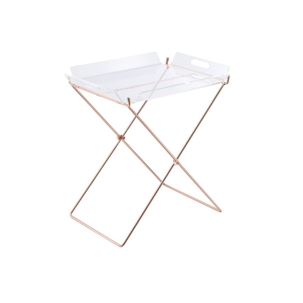 The Cercie tray table is a fine addition to any home, and functional serving tray table. The Cercie tray table includes a modern clear acrylic removable tray top, and metal stand in copper finish, this contrasting table will definitely become the most eye