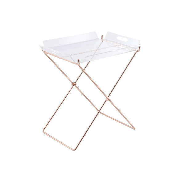 The Cercie tray table is a fine addition to any home, and functional serving tray table. The Cercie tray table includes a modern clear acrylic removable tray top, and metal stand in copper finish, this contrasting table will definitely become the most eye