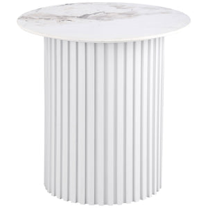 This round end table features a sophisticated sintered stone top with natural veining for a modern and luxurious touch. The sturdy metal base, with its fluted design and white powder-coated finish, delivers both stability and sleek aesthetics. Compact yet