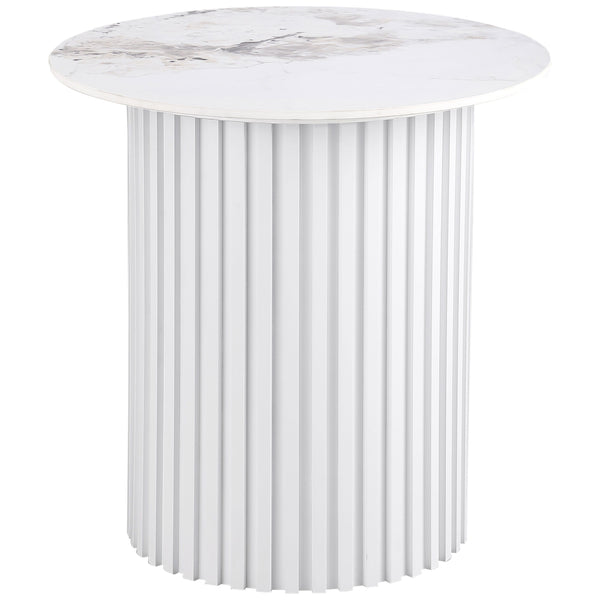 This round end table features a sophisticated sintered stone top with natural veining for a modern and luxurious touch. The sturdy metal base, with its fluted design and white powder-coated finish, delivers both stability and sleek aesthetics. Compact yet
